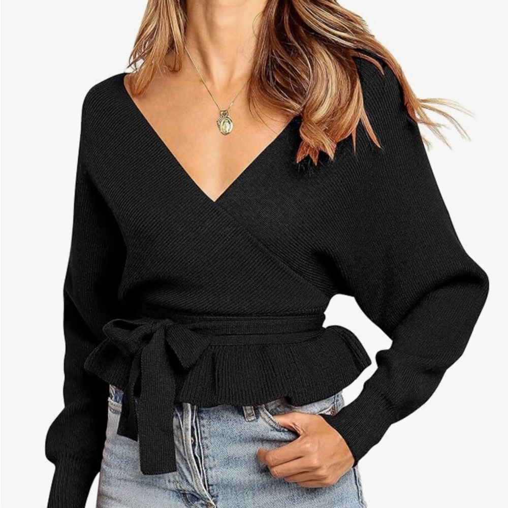Women’s wrap V-neck long sleeve belted ruffle sweater